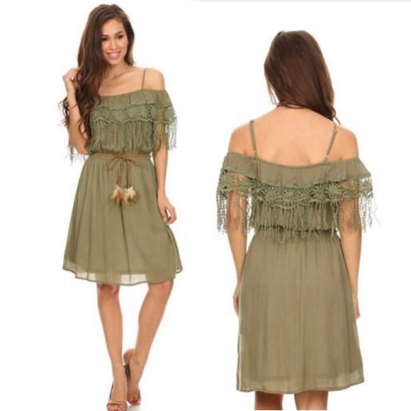 Fringe crochet detail boho dress in olive green. NO BELT NWT - Picture 5 of 10